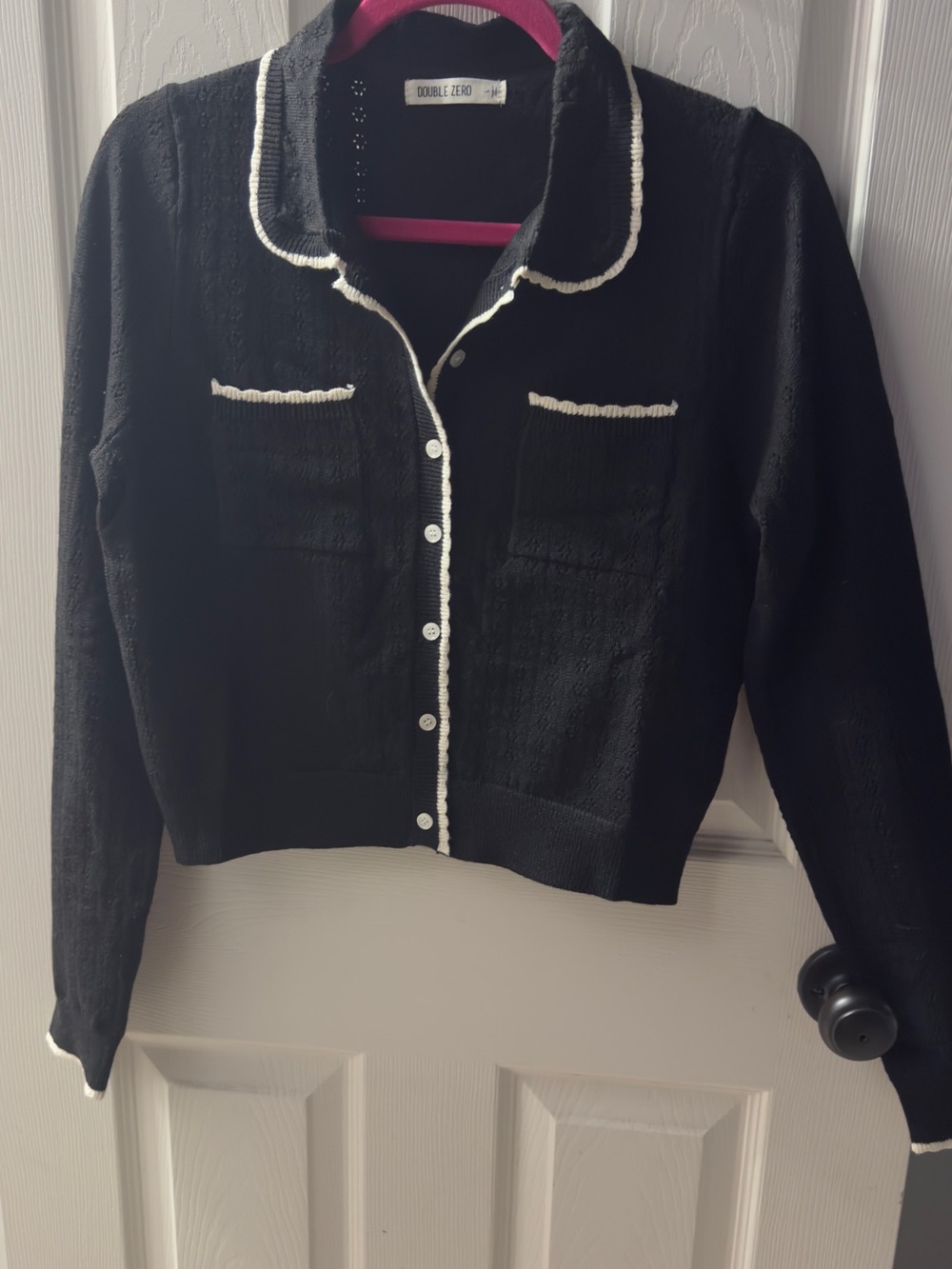 NWOT Double Zero Black eyelet Cardigan with White Trim